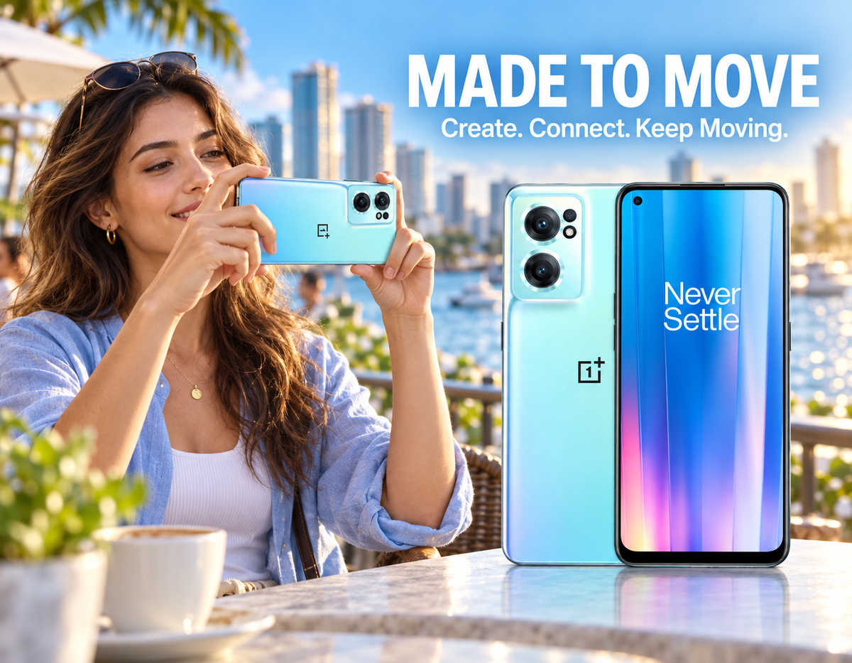 Light blue OnePlus Nord CE2 phone in hand, back and front visible with Never Settle