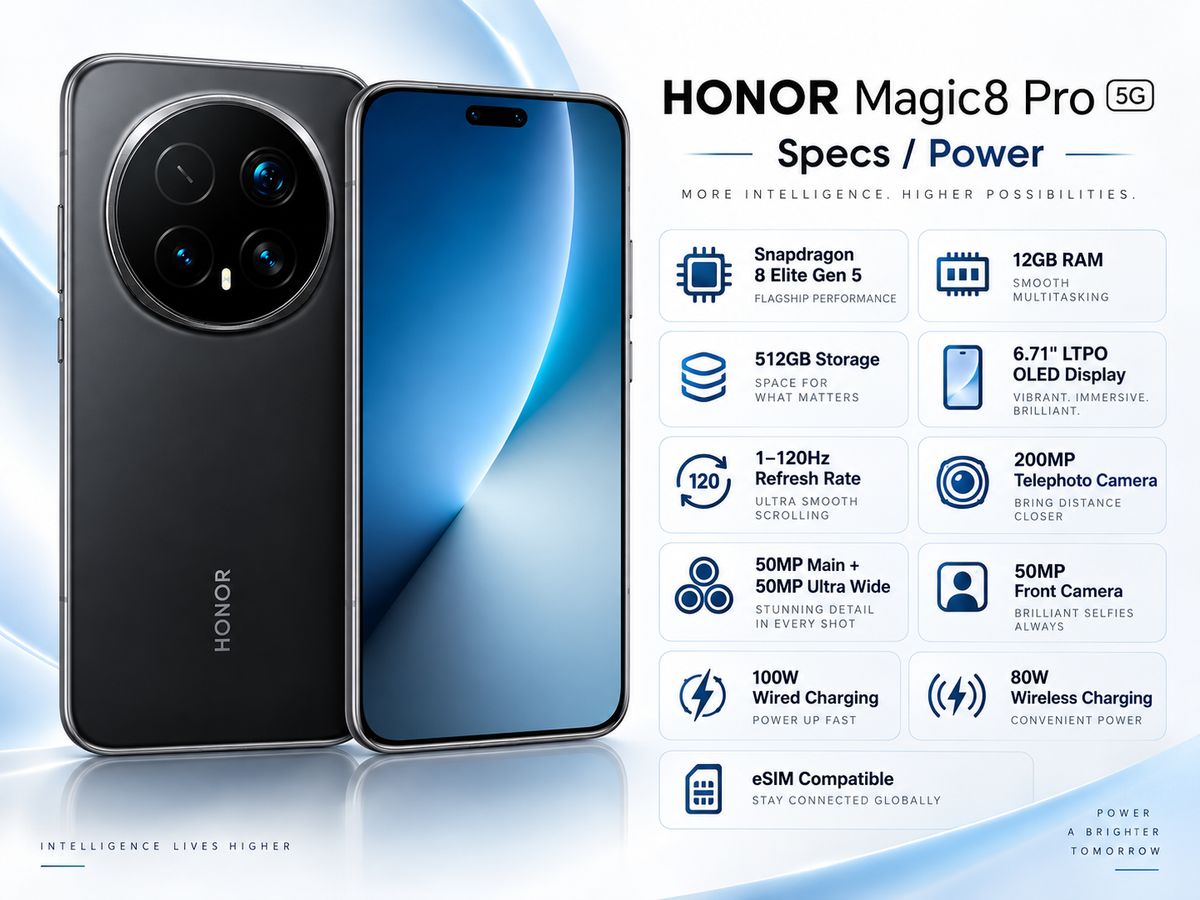 Honor Magic8 Pro 5G Honor smartphone front and back shown side by side with blue gradient display
