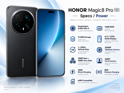 Honor Magic8 Pro 5G Honor smartphone front and back shown side by side with blue gradient display