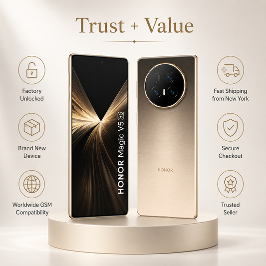 Gold foldable smartphone standing upright with front display and rear triple camera.