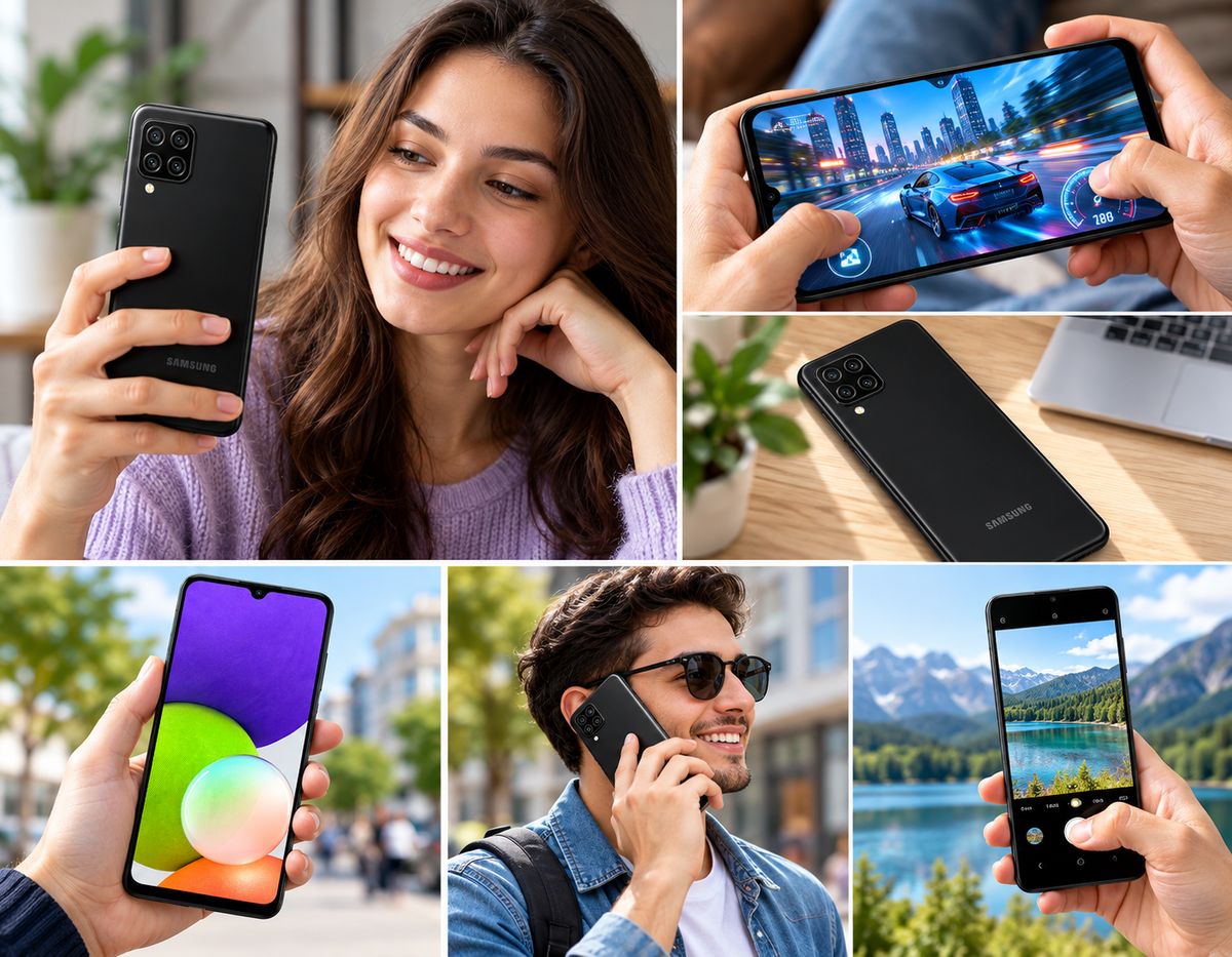 Samsung Galaxy A22 4G Black Samsung Galaxy smartphone held by people and used for photos and calls