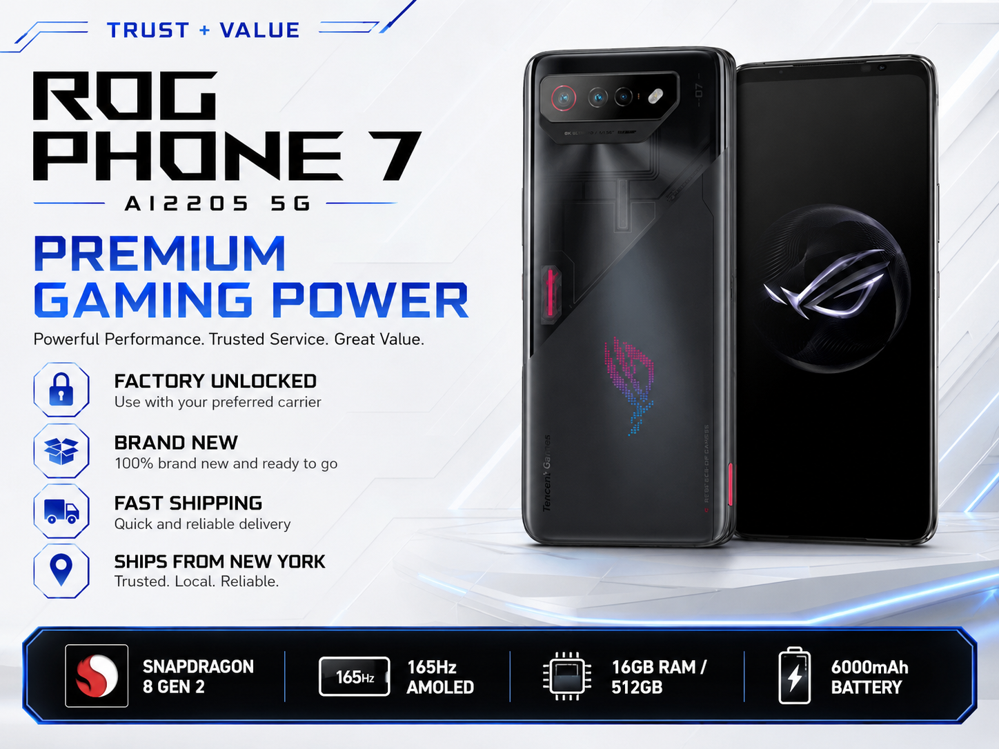 ASUS ROG Phone 7 Black ASUS ROG smartphone shown front and back with rear camera module