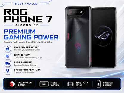 ASUS ROG Phone 7 Black ASUS ROG smartphone shown front and back with rear camera module