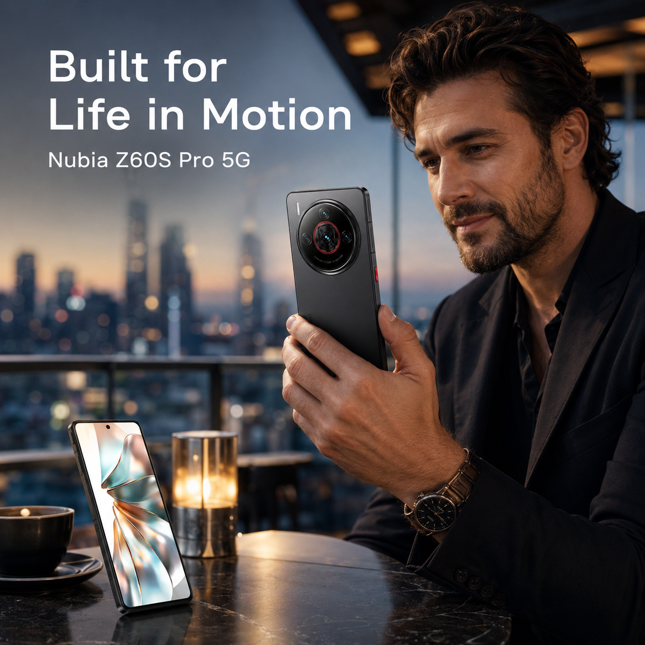 Nubia Z60S Pro 5G Black smartphone held in hand, showing front display and side buttons