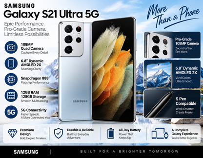 Silver Samsung Galaxy S21 Ultra 5G smartphone, front and back, with quad camera array.