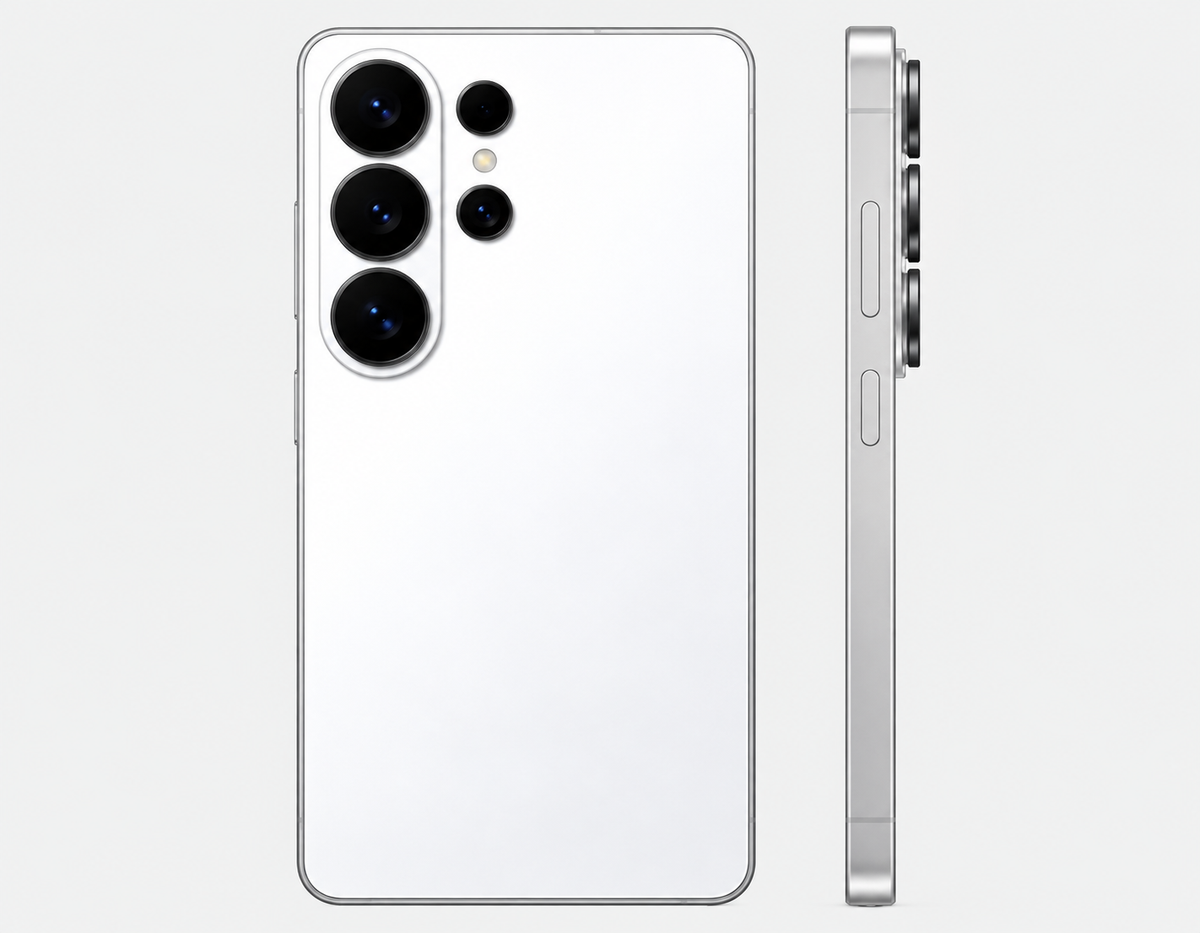 Samsung Galaxy S26 Ultra 5G White Samsung Galaxy phone back with triple camera array and side buttons, plus S Pen