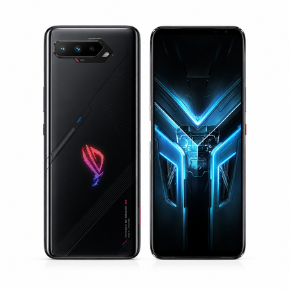 Asus ROG Phone 5 Black gaming smartphone showing rear and front with blue V-shaped display