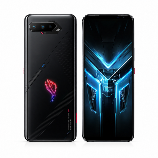 Asus ROG Phone 5 Black gaming smartphone showing rear and front with blue V-shaped display