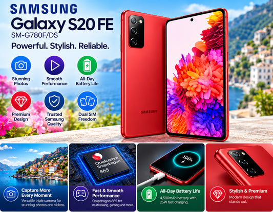 Cloud Red Samsung Galaxy S20 FE smartphone with colorful flower screen outdoors
