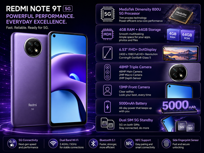 Xiaomi Redmi Note 9T Daybreak purple Xiaomi Redmi Note 9T 5G smartphone with rear quad-camera module.