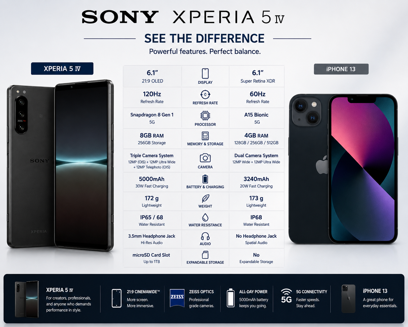 Sony Xperia 5 IV smartphone in black, front and back shown with screen on