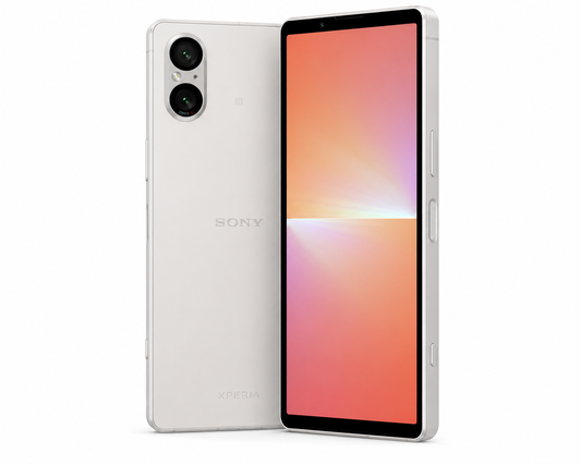 Silver Xperia 5 V smartphone, front screen and back with dual lenses