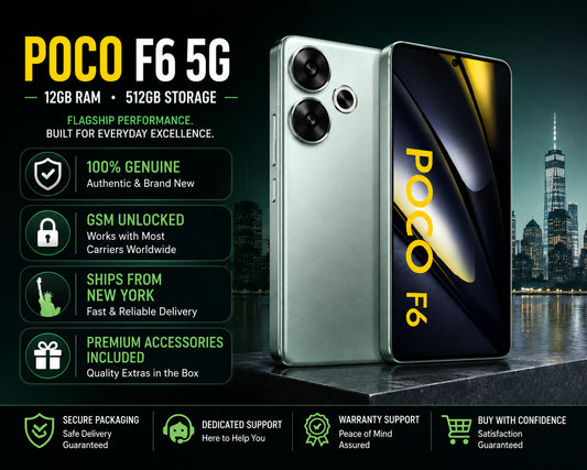 Green Xiaomi POCO F6 5G smartphone with “POCO F6” on display and triple cameras