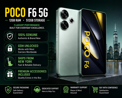 Green Xiaomi POCO F6 5G smartphone with “POCO F6” on display and triple cameras