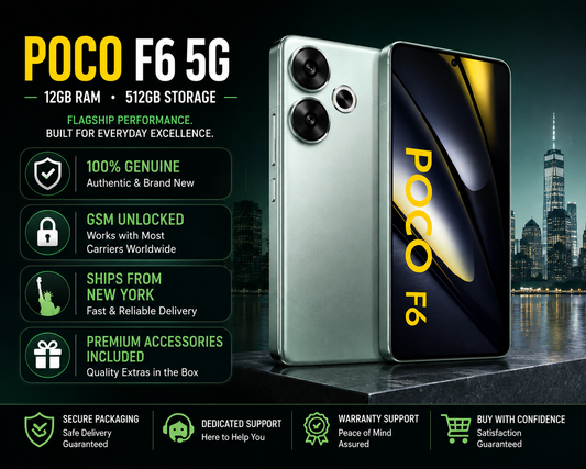 Green Xiaomi POCO F6 5G smartphone with “POCO F6” on display and triple cameras