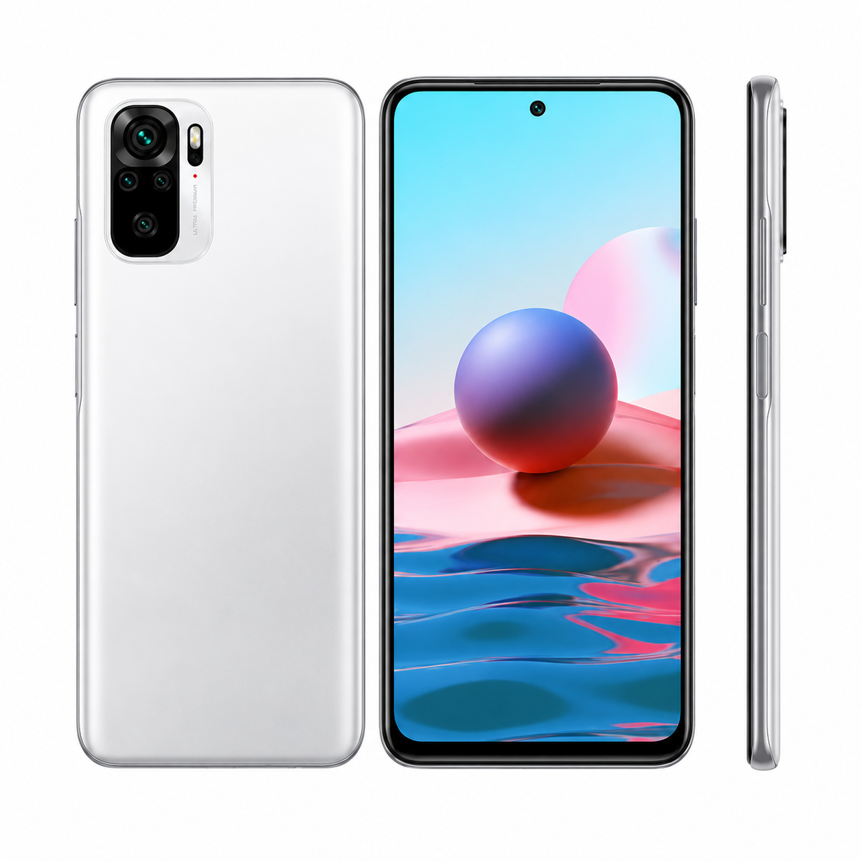 Pebble White smartphone showing back, front display, and slim side profile