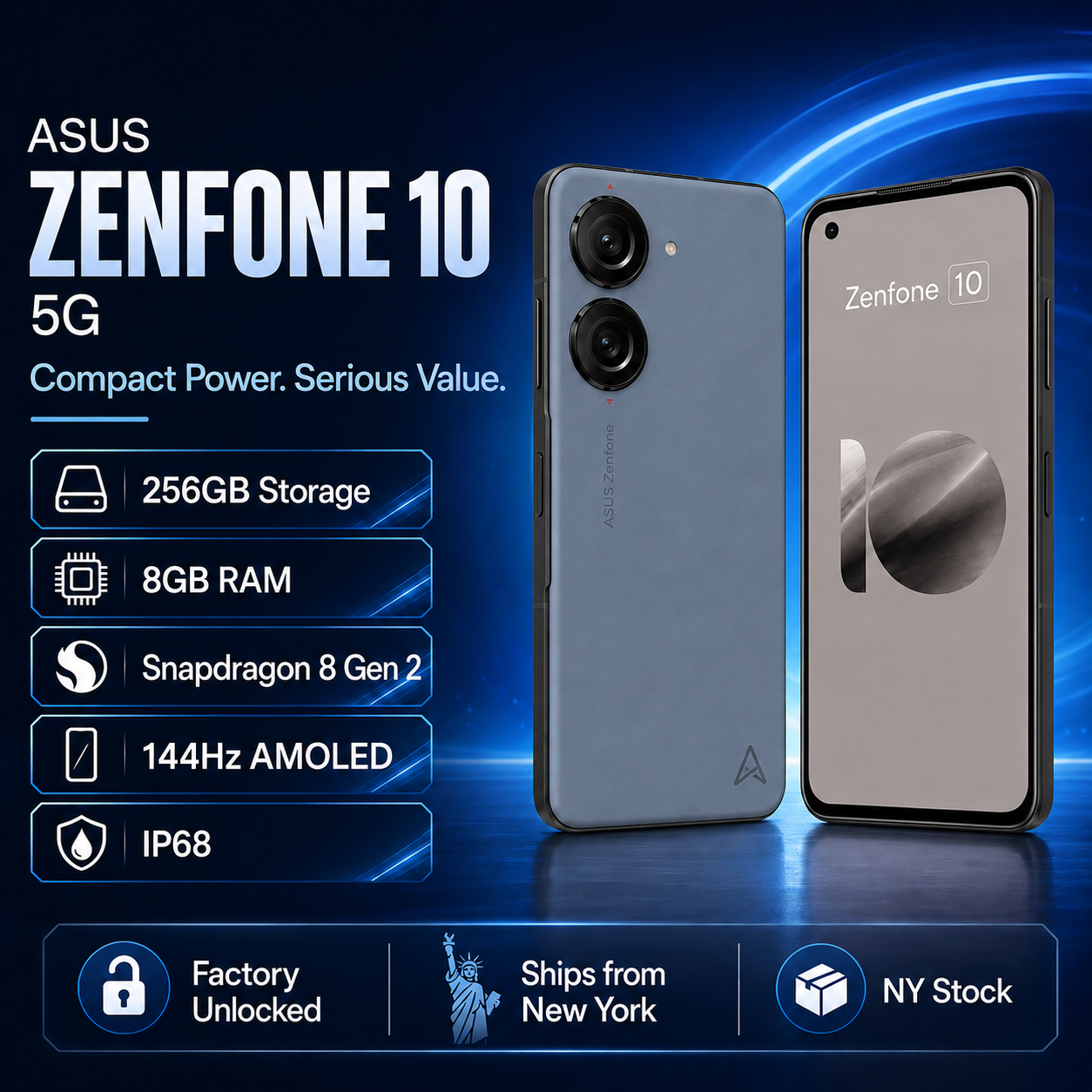 Asus Zenfone 10 5G smartphone, blue finish, front display and dual rear cameras.