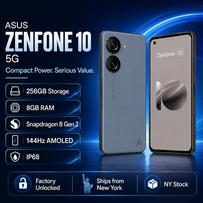 Asus Zenfone 10 5G smartphone, blue finish, front display and dual rear cameras.