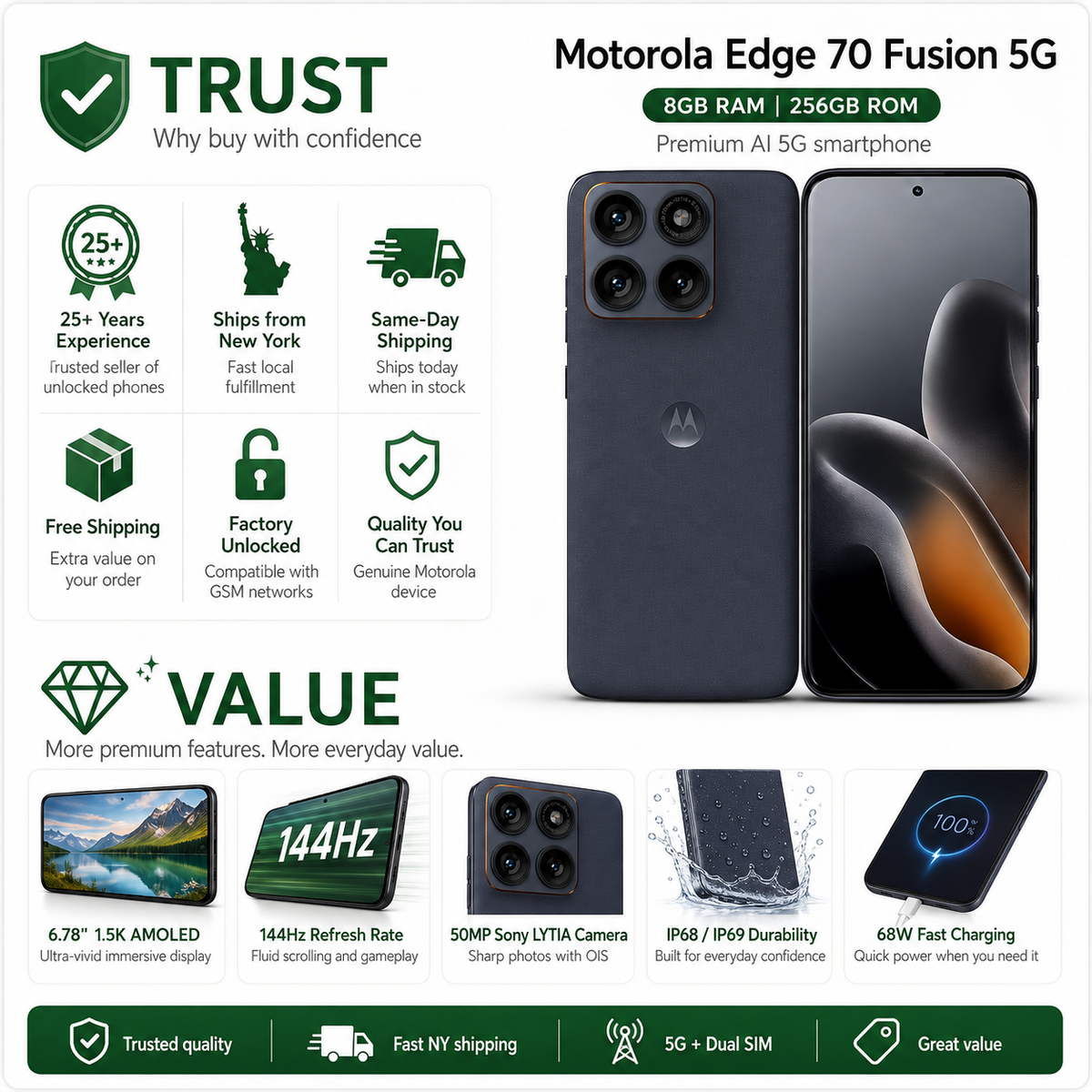 Motorola Moto Edge 70 Fusion 5G Dual-Sim 256GB ROM 8GB RAM GSM Unlocked - Blue