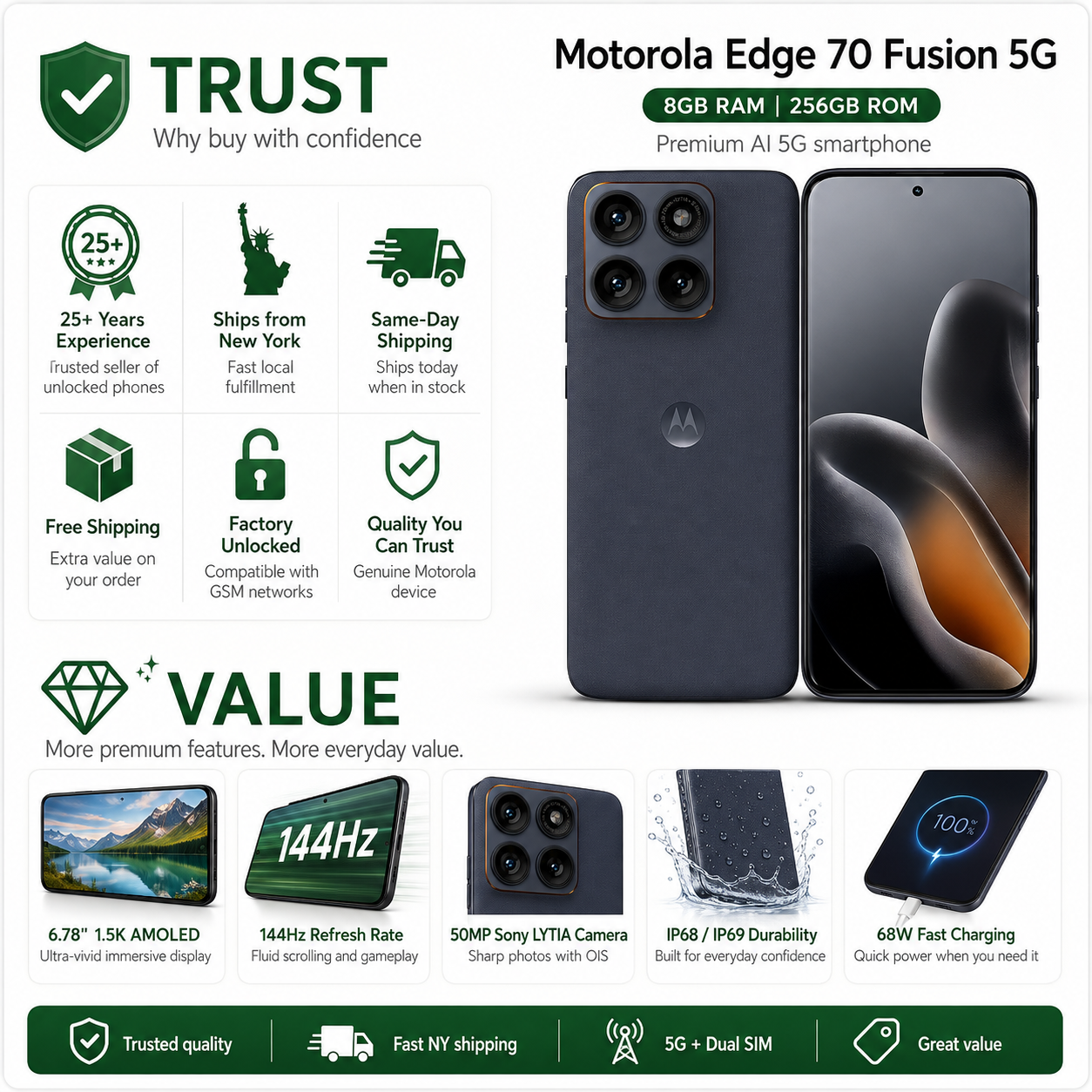 Motorola Moto Edge 70 Fusion 5G Dual-Sim 256GB ROM 8GB RAM GSM Unlocked - Blue