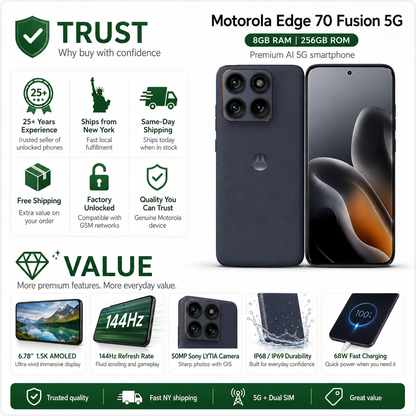 Motorola Moto Edge 70 Fusion 5G Dual-Sim 256GB ROM 8GB RAM GSM Unlocked - Blue