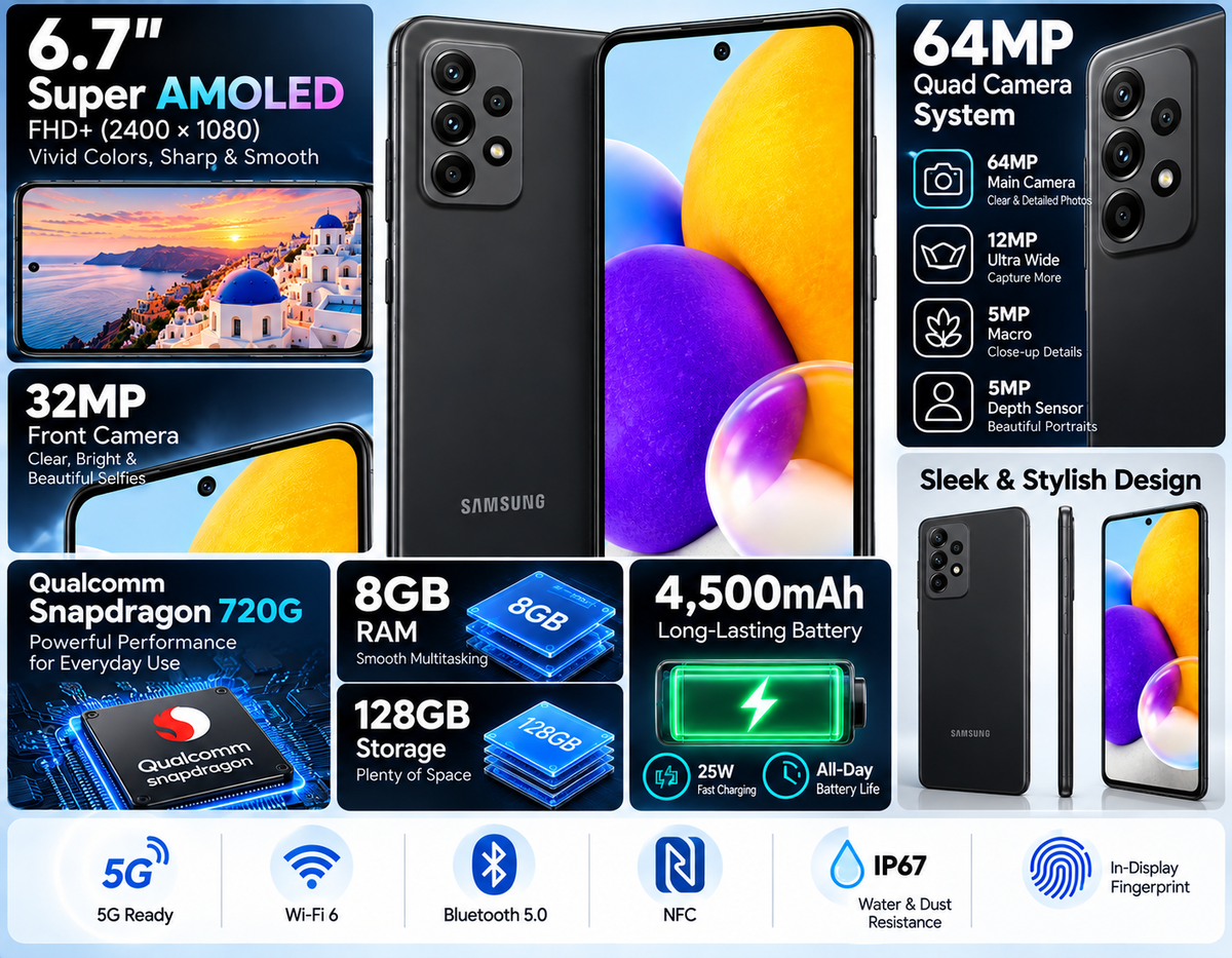 Samsung Galaxy A52 5G phone, black, front display and quad rear camera housing