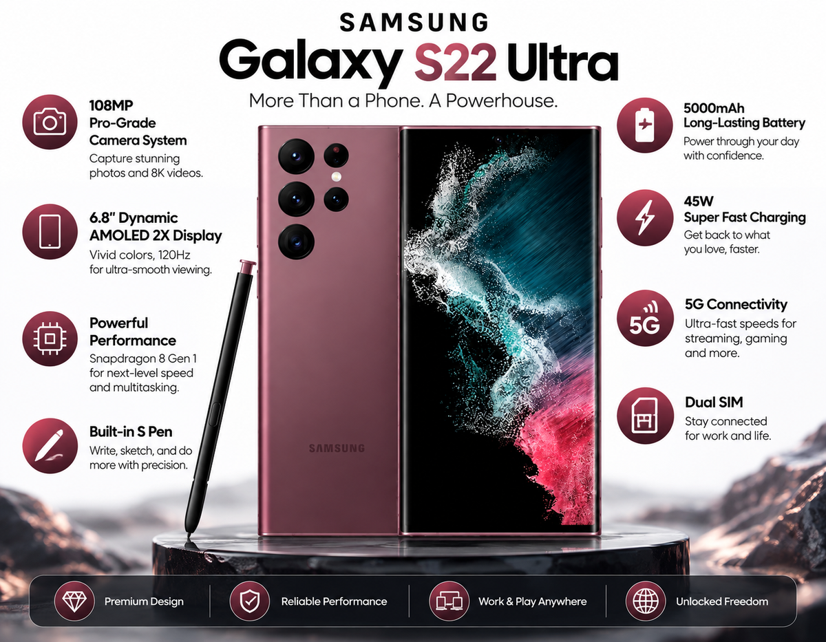 Burgundy Samsung Galaxy S22 Ultra smartphone with S Pen, front and rear