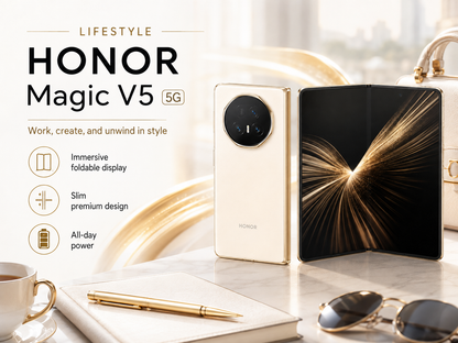 Honor Magic V5  White foldable smartphone open on desk, showing black outer display and camera panel