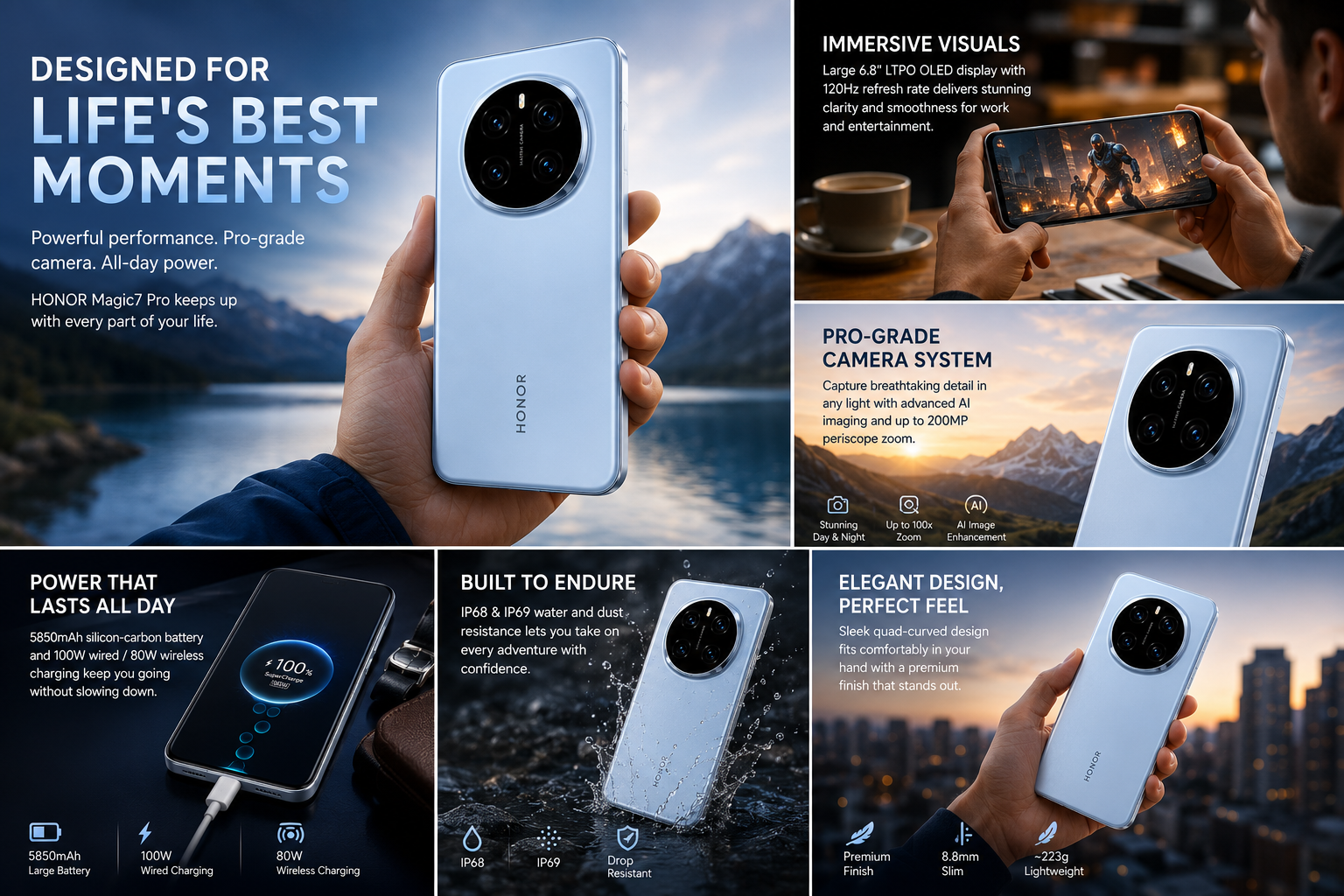 Blue smartphone held in hand, front display and rear triple camera visible