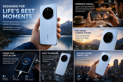 Blue smartphone held in hand, front display and rear triple camera visible