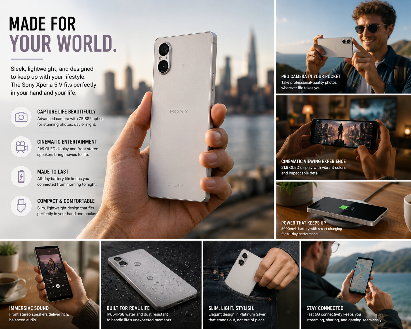 Silver Xperia 5 V smartphone used in daily life, held in hand and on laptop