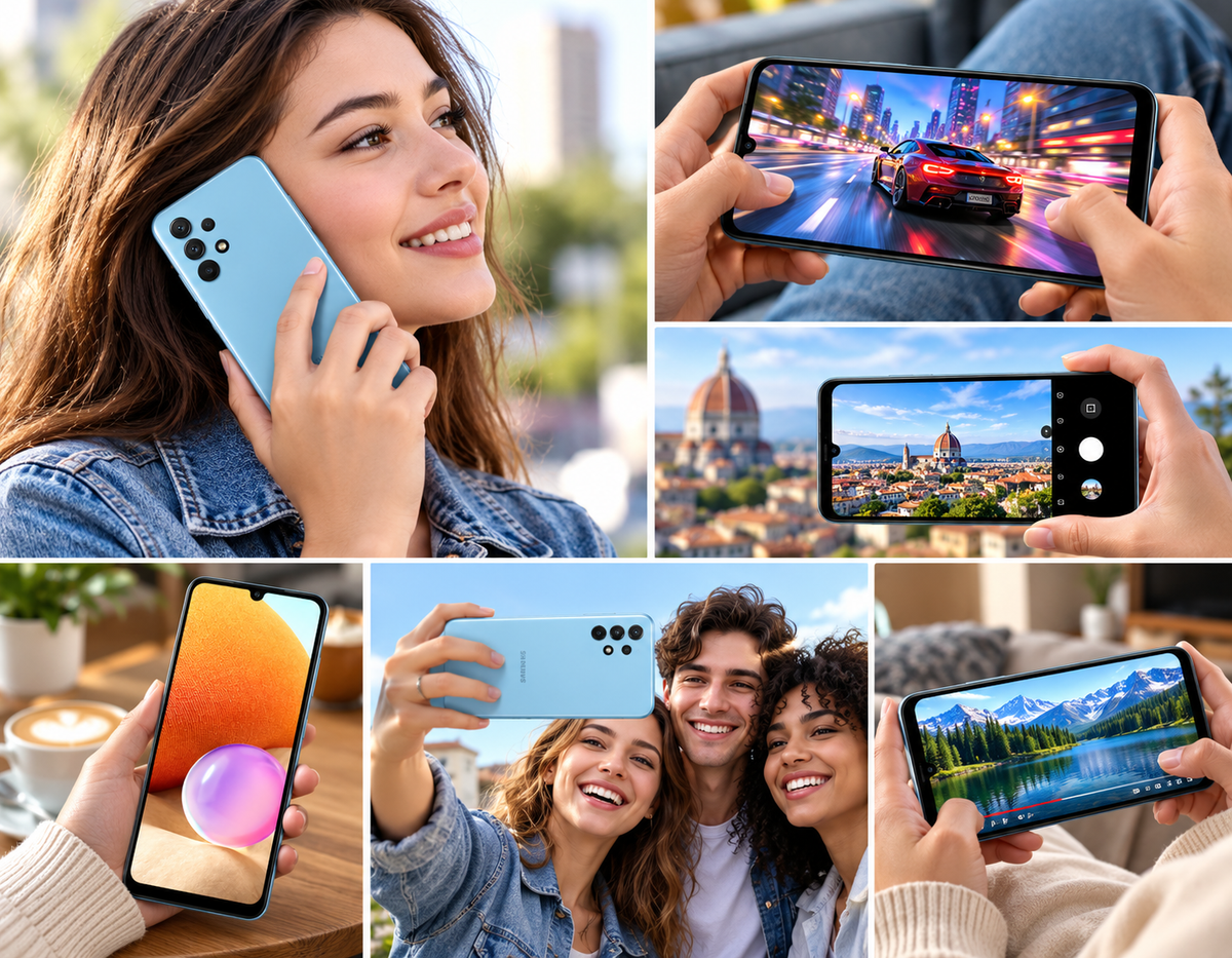 Samsung Galaxy A32 (5G)  Blue Samsung phone in hands showing photos and video on the screen