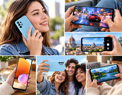 Samsung Galaxy A32 (5G)  Blue Samsung phone in hands showing photos and video on the screen