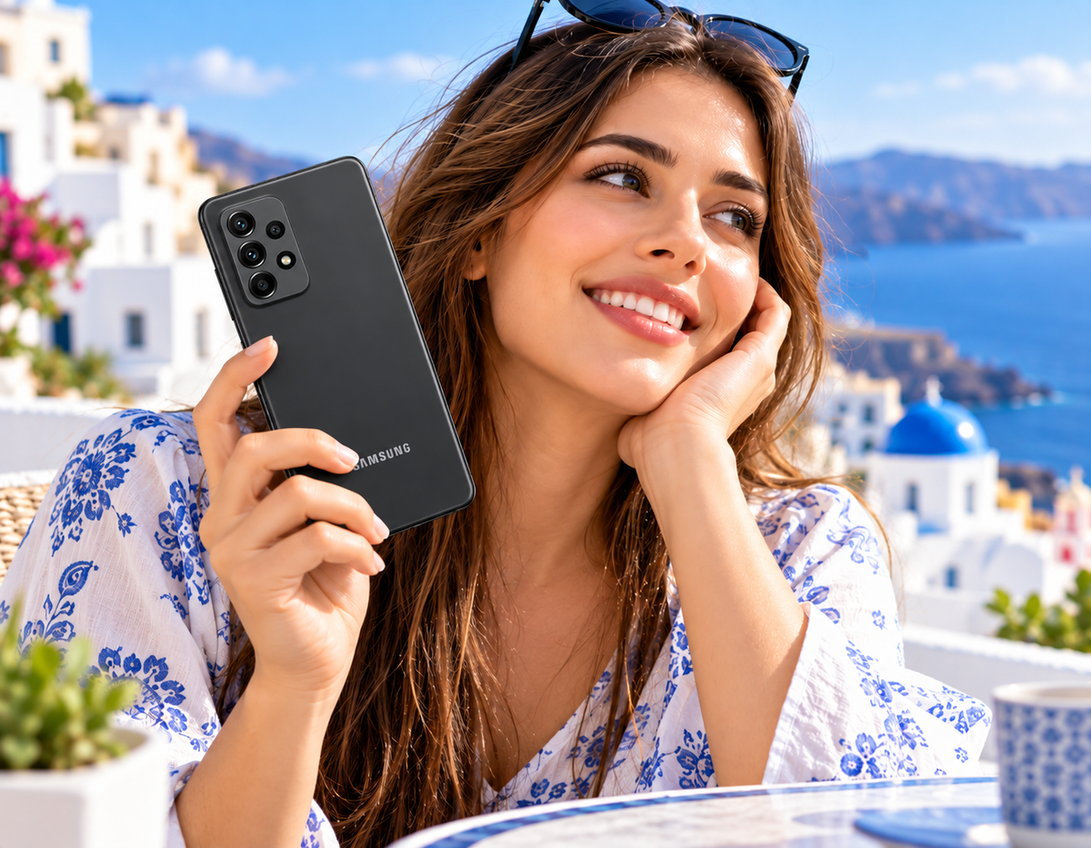 Woman holding a black Samsung Galaxy A52 5G smartphone, rear cameras facing out
