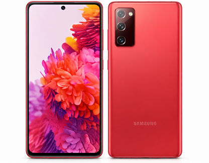 Samsung Galaxy S20 FE Cloud red smartphone with triple rear cameras, front display and back view