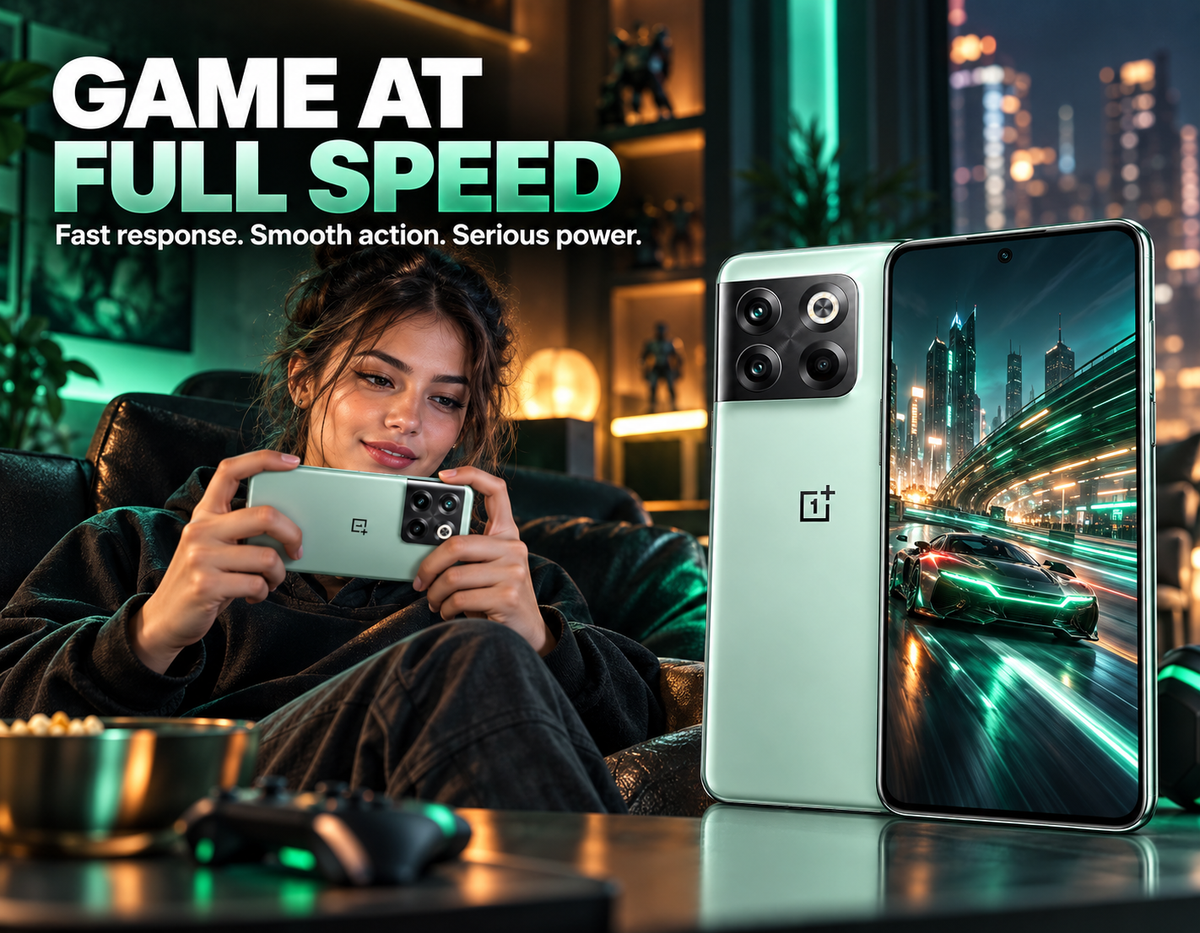 OnePlus Ace Pro 10T OnePlus smartphone in green, held in hand, front and back visible