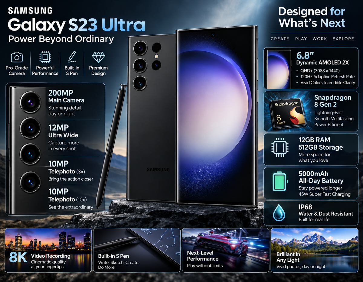 Phantom Black Galaxy S23 Ultra smartphone with S Pen and 6.8-inch display illustration