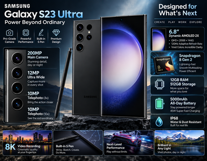 Phantom Black Galaxy S23 Ultra smartphone with S Pen and 6.8-inch display illustration