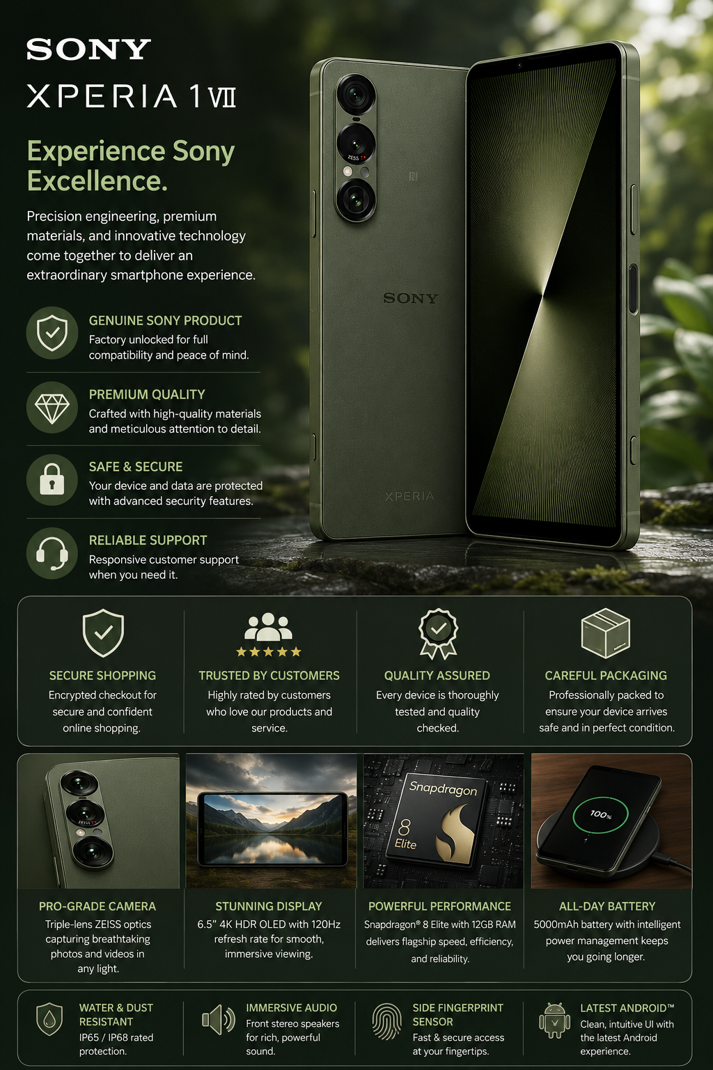 Sony Xperia 1 VII XQ-FS72 5G Green smartphone with triple rear cameras, side buttons, and screen turned on