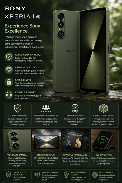 Sony Xperia 1 VII XQ-FS72 5G Green smartphone with triple rear cameras, side buttons, and screen turned on