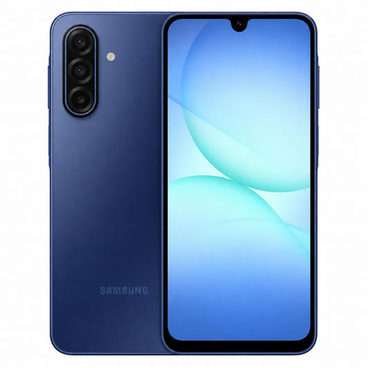 Samsung Galaxy A17 5G Blue Samsung phone back and front view, dual camera module and edge-to-edge display