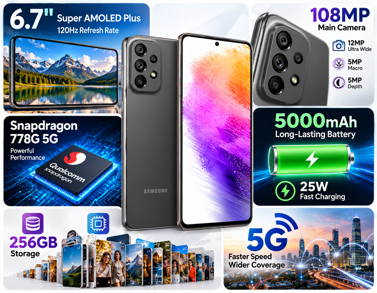 Samsung Galaxy A73 5G  Grey smartphone set with front and back views, showing quad rear cameras.