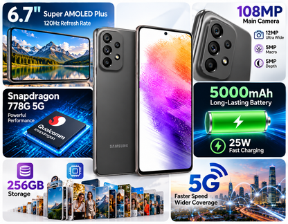 Samsung Galaxy A73 5G  Grey smartphone set with front and back views, showing quad rear cameras.