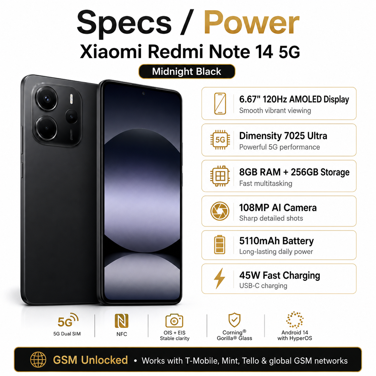 Xiaomi Redmi Note 14 5G 256GB ROM 8GB RAM Dual Sim GSM Unlocked - Midnight Black
