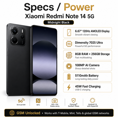 Xiaomi Redmi Note 14 5G 256GB ROM 8GB RAM Dual Sim GSM Unlocked - Midnight Black
