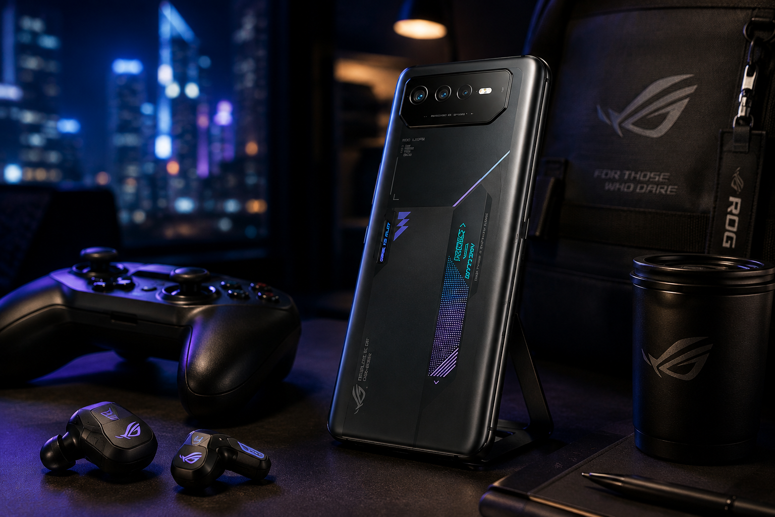 Black ASUS ROG Phone 6 smartphone standing with rear side facing camera.