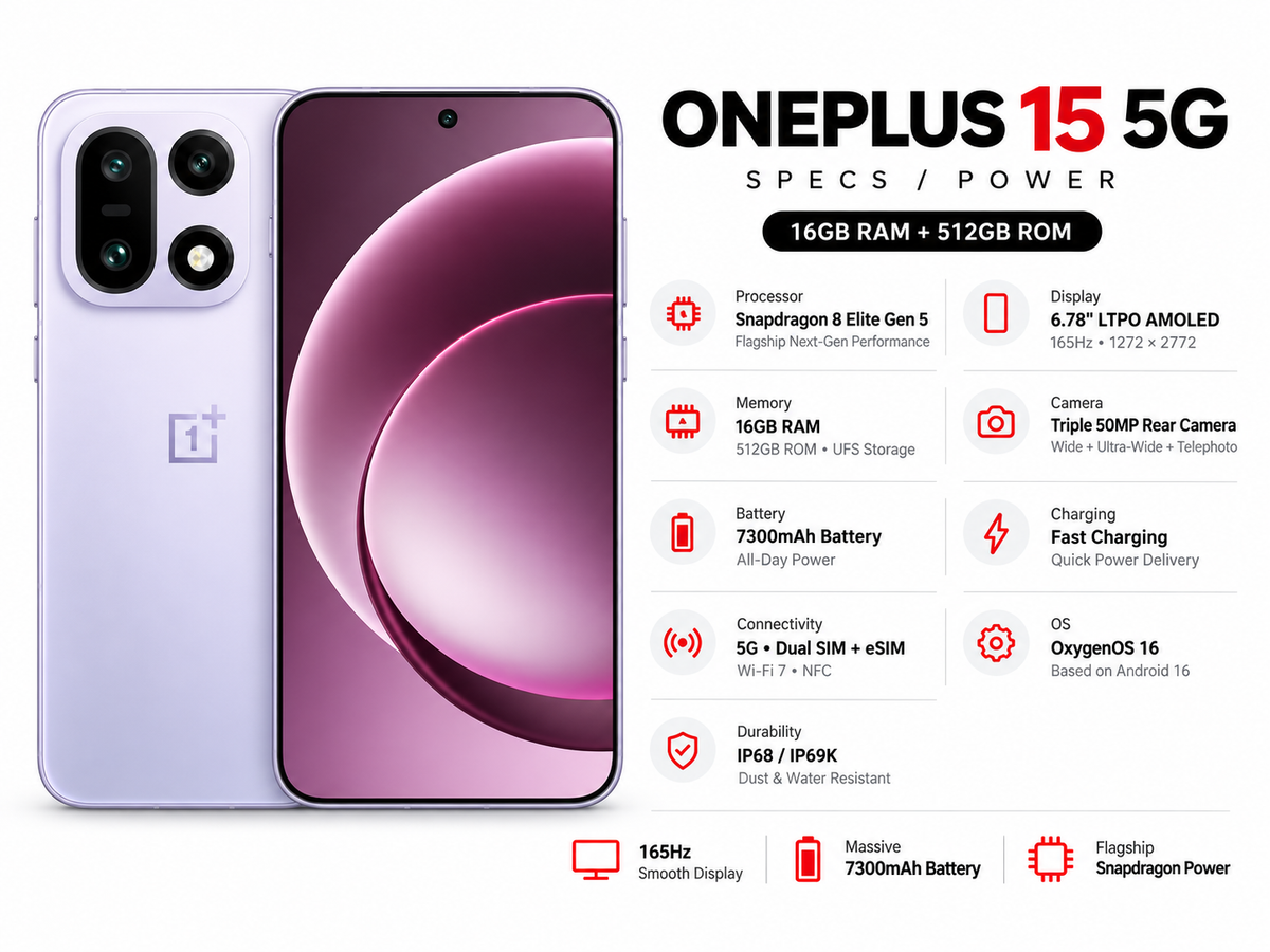 OnePlus 15 5G Violet smartphone front and back with triple camera module and glowing screen