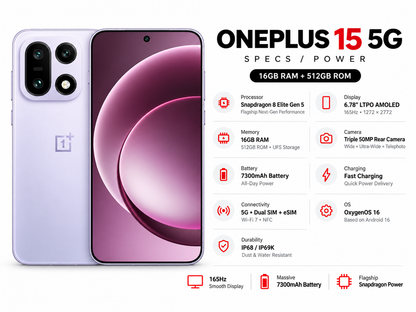 OnePlus 15 5G Violet smartphone front and back with triple camera module and glowing screen