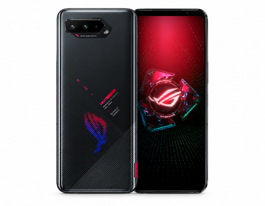 Asus ROG Phone 5 Phantom Black gaming smartphone, front and back side-by-side with dual rear cameras