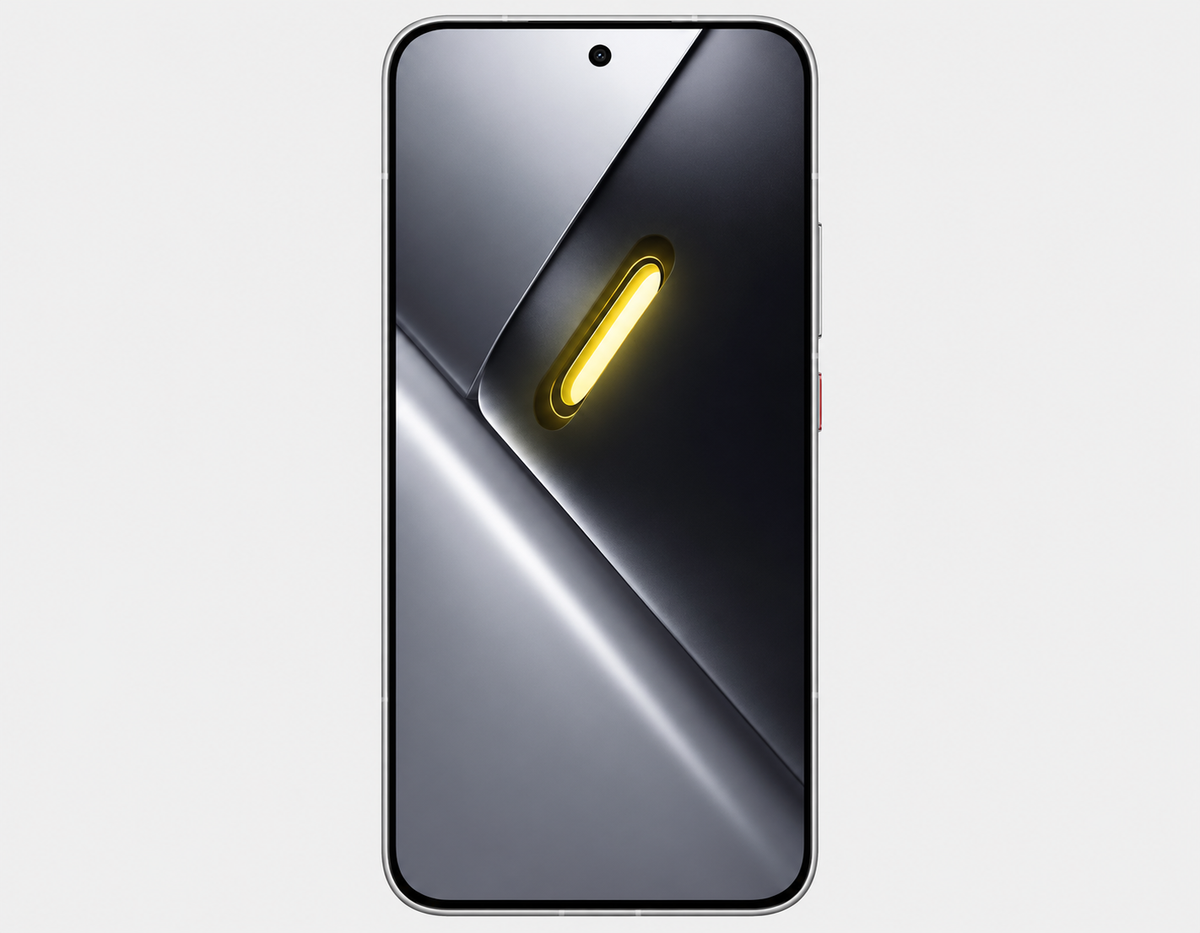 Xiaomi Poco X8 PRO MAX 5G White smartphone front view with black screen and yellow glowing accent